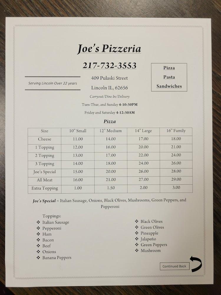 Joe's Pizzeria in Lincoln (not Springfield) Menu image 2
